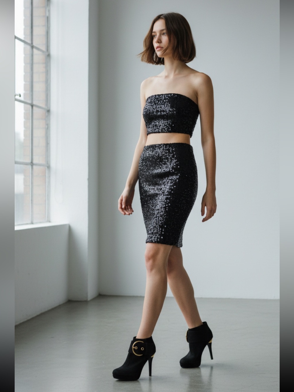 Vintage 90’s black Sequin stretch mini skirt and tube top